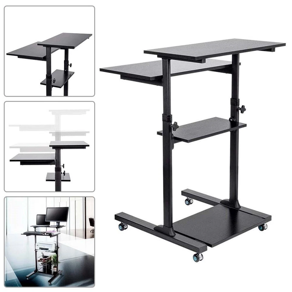 Sit Stand Adjustable Workstation Desk Mobile Cart for PC Monitor Keyboard Laptop