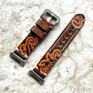 Brown and Orange Embossed Handmade Leather Watch Band Strap for Fitbit Ionic  - Picture 1 of 8