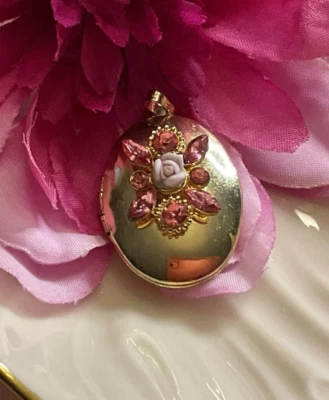 Gold Tone Locket With Pink Rhinestones And Porcelain Flower Center - Image 1 of 4