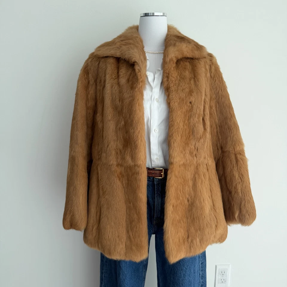 Chaqueta de Colección 100% Piel de Conejo Para Mujer Mediana Marrón Tostado Mob Esposa Años 80 Glam Celeb Foto 1 de 4
