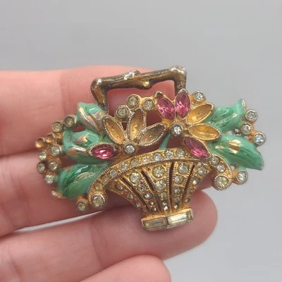 Vintage Pot Metal Brooch Rhinestones Flower Basket FOR REPAIR - Image 1 of 4