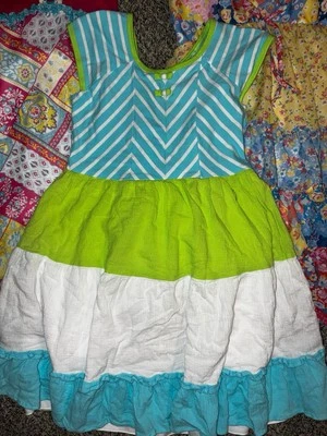 Jona Michelle 女孩 8 码蓝色和青柠绿色夏季连衣裙 — 第 1/4 张图片