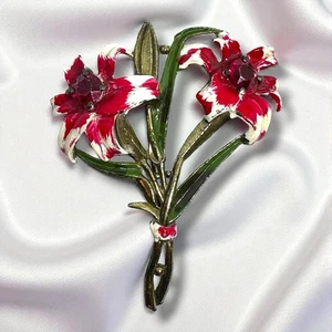 Vintage 40er Jahre große Emaille Blumen Brosche rot Strass Lilly unsigniert Coro - Bild 1 von 10