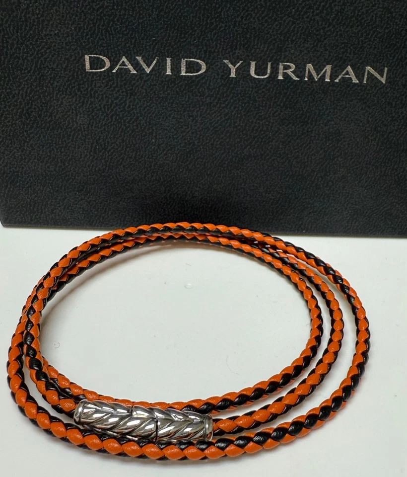 Pulsera David Yurman de plata esterlina Chevron triple envoltura de cuero negro y naranja Foto 1 de 4