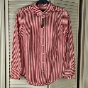 Neu mit Etikett J Crew Damen rot weiß Rüschenkragen Popeline Streifen Knopf Shirt Bluse XS - Bild 1 von 6