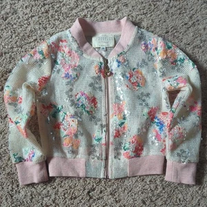HANNAH BANANA By Sara Sara Sequin Embellished Bomber Jacket Fuzzy Sleeve 12 - Picture 1 of 3