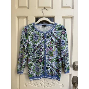 Talbots Strickjacke Pullover blau Blumenmuster Rundhals Knopfleiste Strick Gr. XS - Bild 1 von 5