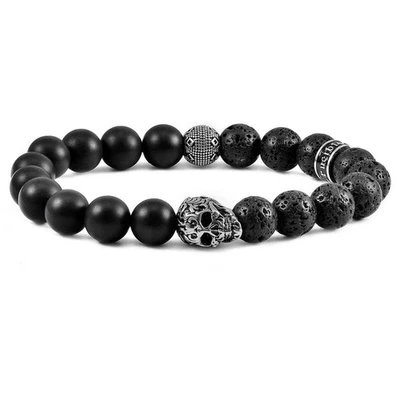 Pulsera elástica calavera con cuentas de piedra de ónix mate y lava para hombre Foto 1 de 4
