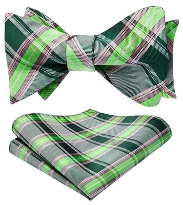 Bow Ties for Men Check Plaid Self Tie Bow Tie and Pocket Square D-04 Green/Grey - Image 1 of 4