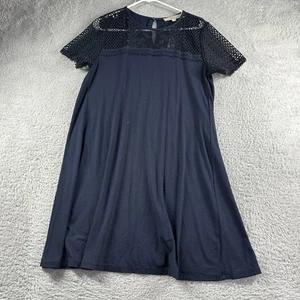 Ann Taylor Loft Dress Womens Medium Navy Blue A Line Swing Midi Lace Eye Design - Picture 1 of 13