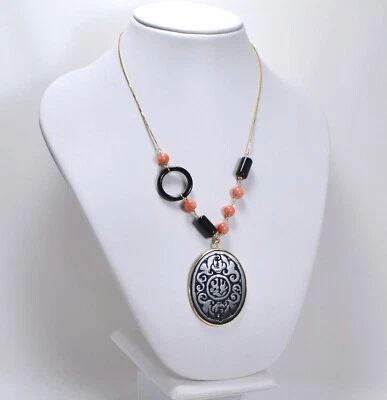 Collar de Oro Amarillo 18kt Con Jade Negro Ónix Y Coral Rosa Ogln 0119 - Imagen 1 de 3