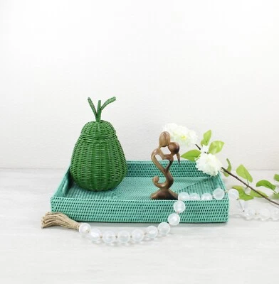 NEW Tight Woven Rectangle Rattan Tray for Luxury Homes- Medium, Turquoise - Image 1 of 3