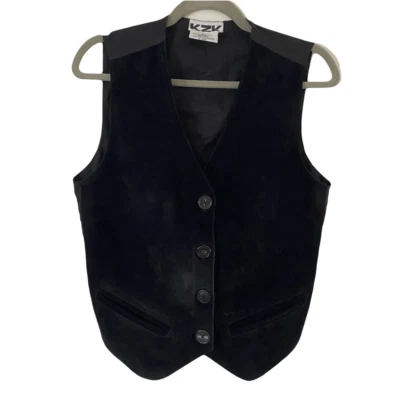 Vintage KZK Genuine Leather Suede Black Preppy Edgy Button-Up Vest Large - Image 1 of 4