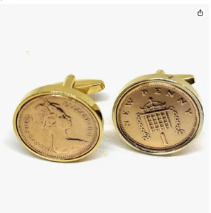 50th Birthday 1975 English Gold Plated One Pence cufflinks Gold Plated Mounts - Picture 1 of 2