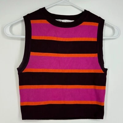 Suéter sin mangas Zara mediano recortado tejido acanalado rosa naranja púrpura rayas AJUSTADO LEER Foto 1 de 4
