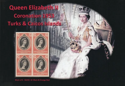 QUEEN ELIZABETH II NICE DISPLAY TURKS & CAICOS 1953 CORONATION BLOCK OF 4 MNH#3 - Image 1 of 2