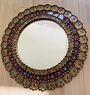 "Espejo de pared redondo decorativo de colección 23"" marco de madera pintado a mano floral peruano" Foto 1 de 4