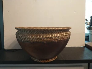 Large 14 Lombok Indonesian Solid Wood Bowl Rattan Basket Hand Carved 14" - Picture 1 of 7