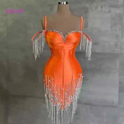 Orange Mermaid Short Prom Dresses Luxury Crystals Tassel Mini Cocktail Dress - Image 1 of 4