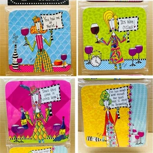 NIB S/4 Wine Coasters, Dolly Mama Brand, Funny Character & Captions, 4" x 4" - Picture 1 of 10