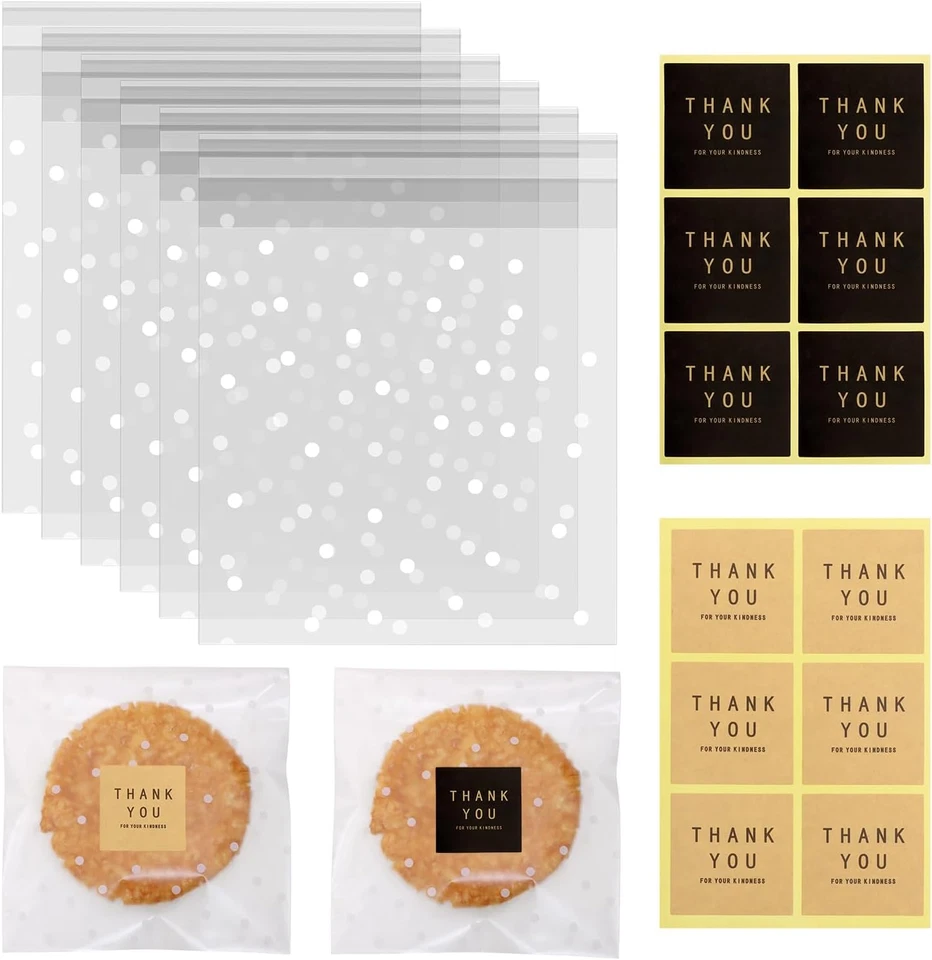 Paquete de 100 bolsas de galletas de celofán transparente con agradecimiento... Foto 1 de 1