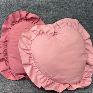 Vintage 80s heart shape ruffled pillows set pink mauve dusty rose 16x16 cottage - Picture 1 of 8