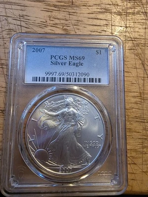 RARO 2007 PCGS MS69 Silver Eagle - ¡Moneda American Eagle de grado de inversión! Foto 1 de 3