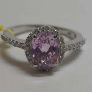 STS Oval Cut Kunzite & Diamond Halo Platinum Plated 925 Silver Ring Size 10 - Picture 1 of 14