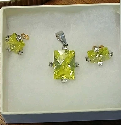 Emerald Cut Light Green Peridot 925 Sterling Silver Pendant & Earrings CZ's - Image 1 of 4