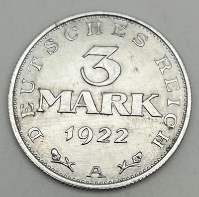 1922-A Germany Weimar 3 Mark KM#28 First Type No Lettering Around Eagle UNC - Image 1 of 2