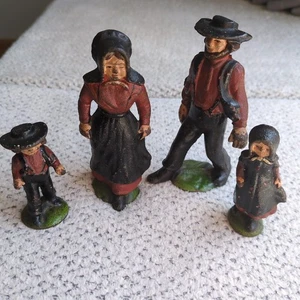 Vintage Gusseisen Amish Familie schwarz und rot bemalt Mann Frau Junge & Mädchen - Bild 1 von 6