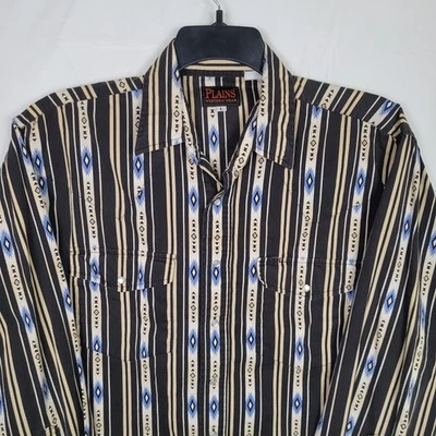 Vintage Plains Western Wear Shirt Mens L Black Aztec Striped Pearl Snap Rodeo - Image 1 of 4