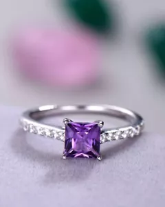 1,50 Karat Prinzessin Schnitt Labor-erstellt Amethyst Verlobungs Solitär Ring 925 Silber - Bild 1 von 6