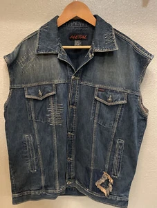 Mens Denim Jean Vest By METAL Size L 52” Sleeveless Distressed - Picture 1 of 12