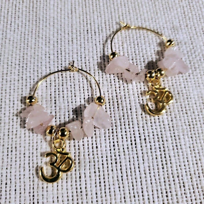 Gemstone Yoga Om Mantra Hoop Earrings 14K Gold Plated Rose Quartz - Image 1 of 4