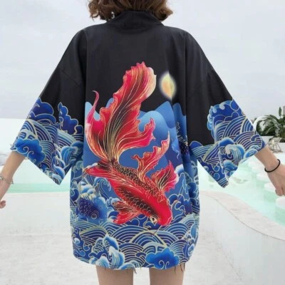 Women Fish Japanese Kimono Coat Loose Yukata Outwear Tops Retro Harajuku Jacket - Image 1 of 4