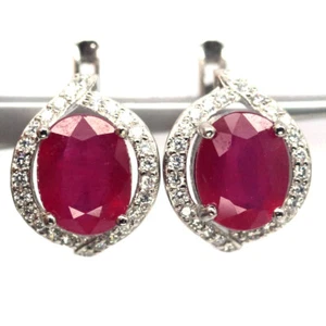 Heated 7 x 9 MM. Red Ruby & Cubic Zirconia Earrings 925 Sterling Silver - Picture 1 of 4