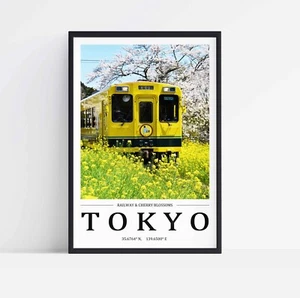 Japan Tokio Eisenbahn & Kirschblüten gestreckte Leinwand oder ungerahmte Posterkunst - Bild 1 von 12