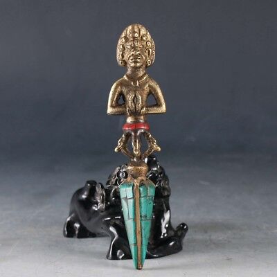 Old Tibet Brass Inlaid Turquoise Nepal  Handcrafted Dorje Tibetan Buddhist 21332 • 40.85£