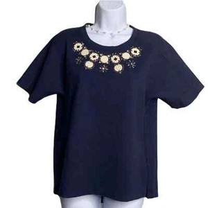 J.Crew Navy Blue White Embellished Wide Sleeve Thick Shirt Scoop Neck Small - Picture 1 of 10