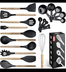 21 Piece Kitchen Utensils Wood and Silicone Cooking Utensil Set Non-Stick - Picture 1 of 11