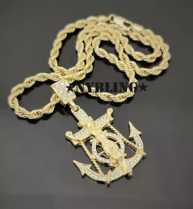 ICED Jesus Anchor Pendant with 5MM Rope Chain Necklace Plated Hip Hop CZ Jewelry - Picture 1 of 9