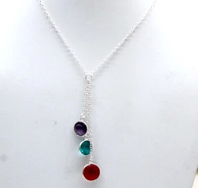 925 Sterling Silver Garnet & Tourmaline Gemstone Jewelry Necklace Size-17-18 - Image 1 of 4