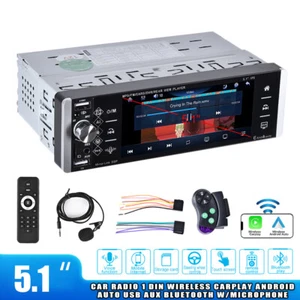 Single DIN Car Radio Stereo Wireless CarPlay Android Auto AUX USB 5.1INCH MIC - Picture 1 of 19