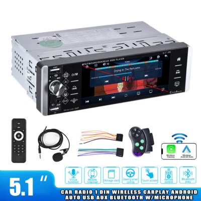 Single DIN Car Radio Stereo Wireless CarPlay Android Auto AUX USB 5.1INCH MIC - Image 1 of 4