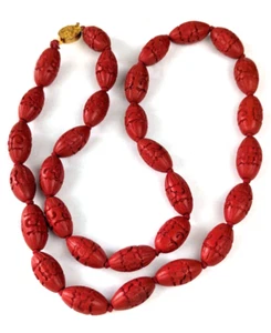 Vintage Carved Chinese Red Cinnabar Beaded Necklace Hand Knotted Gold Clasp 27" - Picture 1 of 7