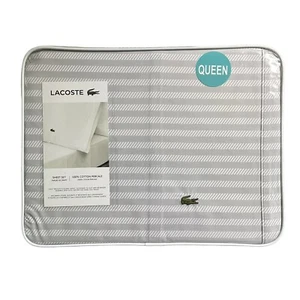 Lacoste 4pc QUEEN Percale Sheet Set Dash Stripe Gray White Cotton Lightweight - Picture 1 of 10
