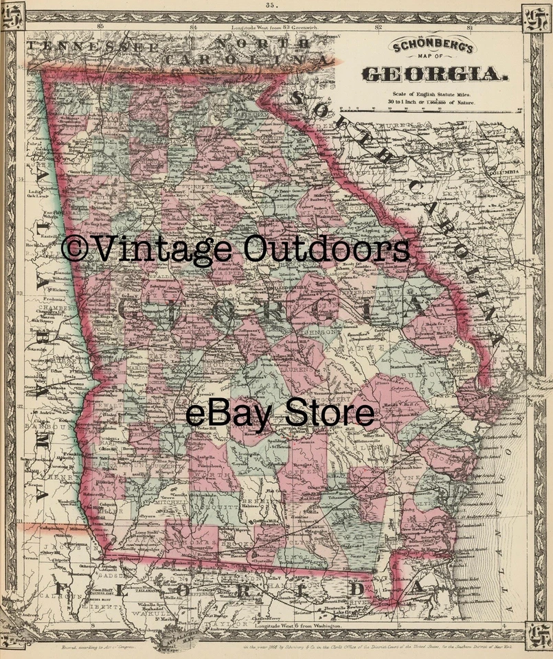 Antique 1867 Map Of Georgia Bygone Cities And Ghost Towns Reproduction 8.5 X 11 - Image 1 of 1