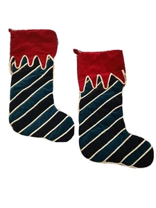 Christmas Stockings VTG  Set Of Two Lined Cotton Velvet In Red&Green With... - Picture 1 of 5
