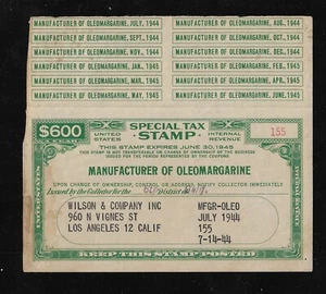 Ingresos de Estados Unidos; sello fiscal especial; fabricante de oleomargarina; año fiscal 1945 - Imagen 1 de 2
